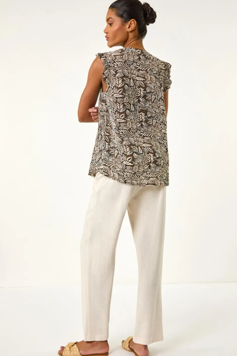 Tops>Roman Black Abstract Print Pintuck Frill Blouse