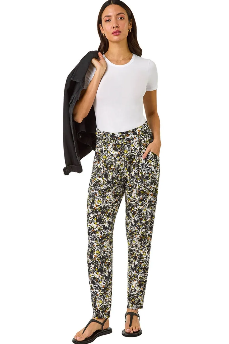 Trousers>Roman Black Abstract Print Harem Straight Trousers