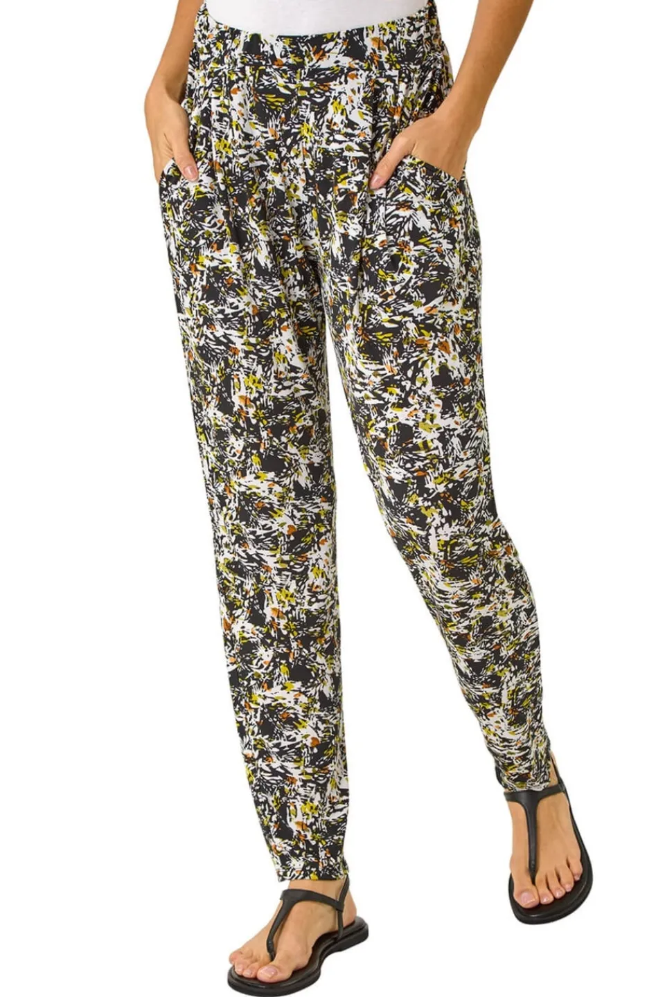 Trousers>Roman Black Abstract Print Harem Straight Trousers