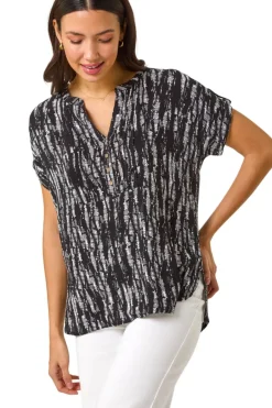 Tops>Roman Black Abstract Print V-Neck Button Top