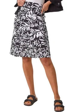 Skirts>Roman Black A-Line Palm Mono Print Skirt