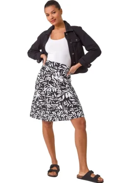 Skirts>Roman Black A-Line Palm Mono Print Skirt