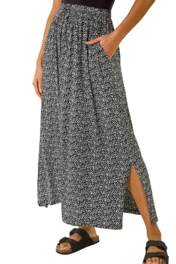 Skirts>Roman Black Animal Print Split Stretch Skirt