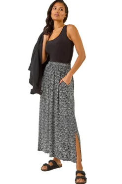 Skirts>Roman Black Animal Print Split Stretch Skirt