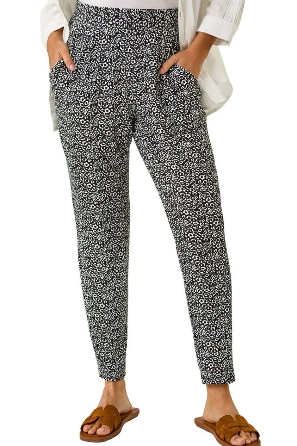 Trousers>Roman Black Animal Print Hareem Stretch Straight Trouser