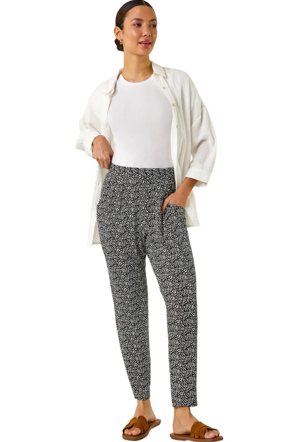 Trousers>Roman Black Animal Print Hareem Stretch Straight Trouser