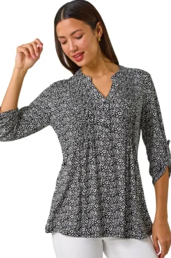 Tops>Roman Black Animal Print Pintuck Shirt