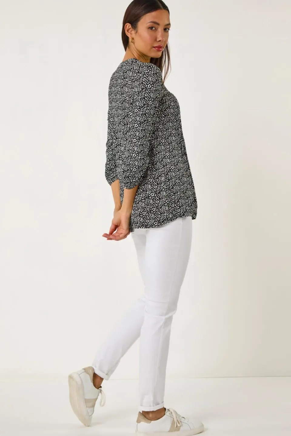 Tops>Roman Black Animal Print Pintuck Shirt