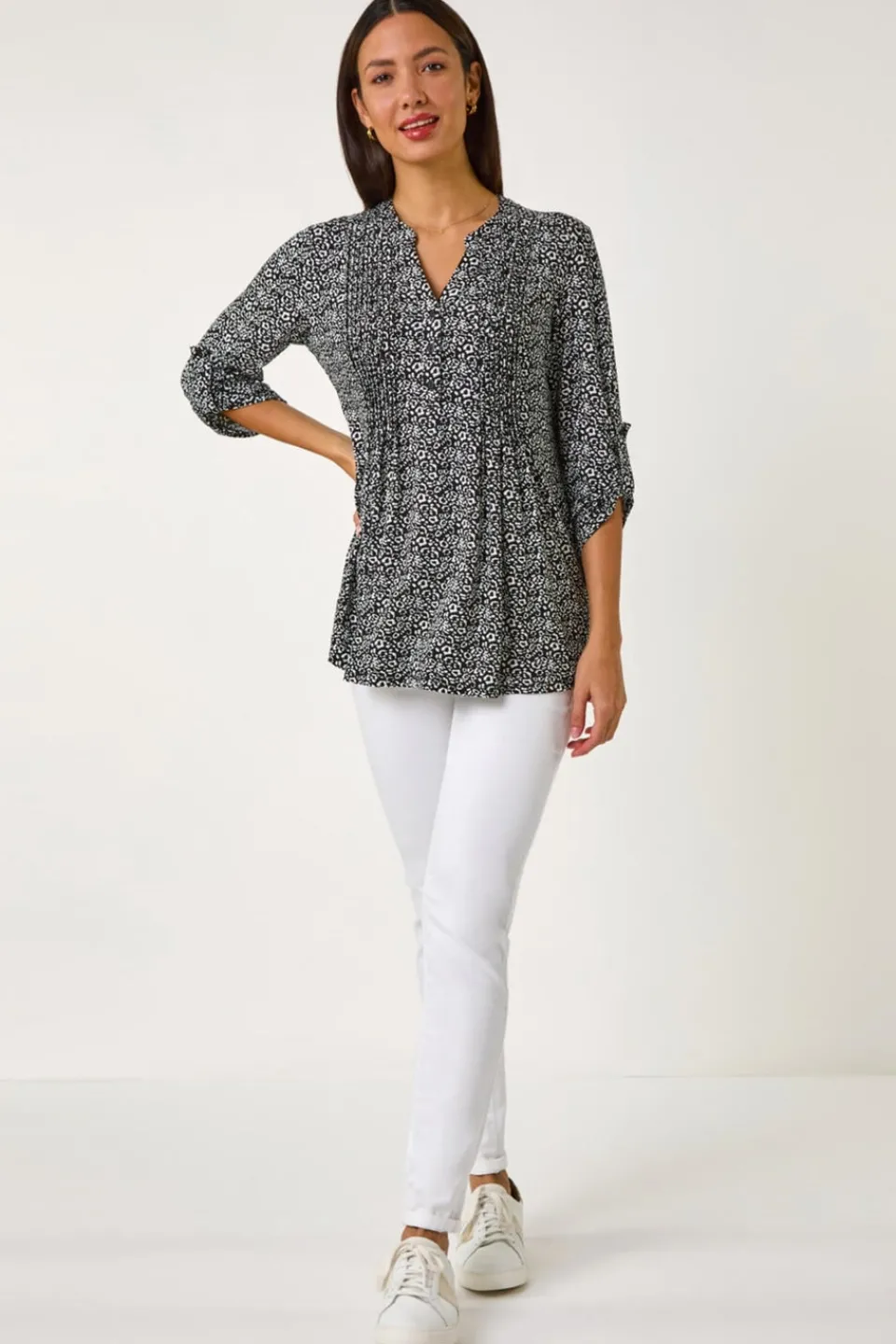 Tops>Roman Black Animal Print Pintuck Shirt