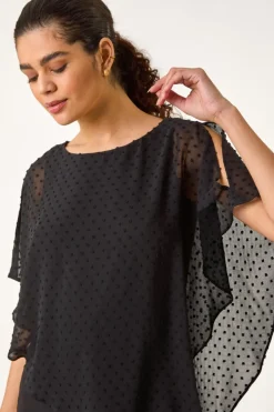 Tops>Roman Black Asymmetric Dobby Overlay Top