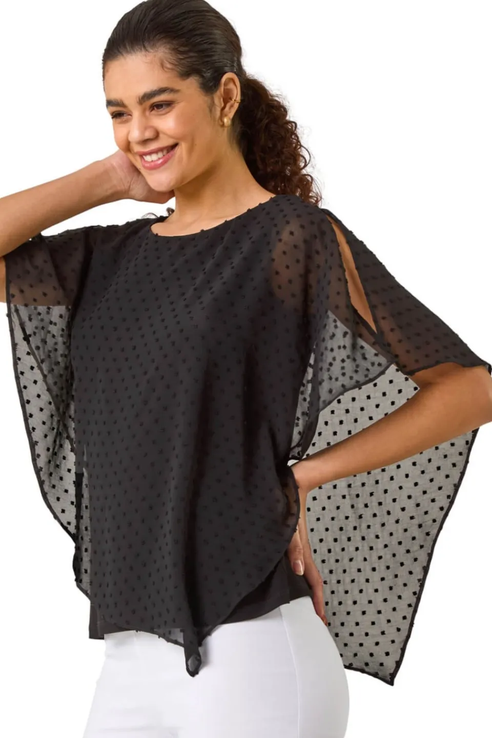 Tops>Roman Black Asymmetric Dobby Overlay Top