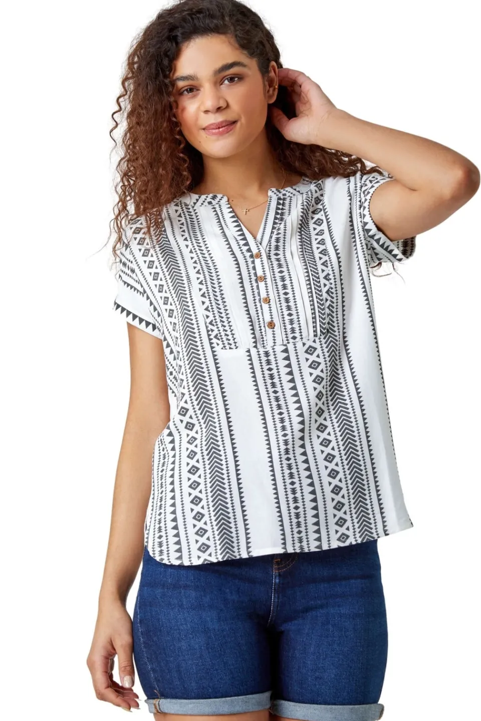 T-Shirts>Roman Black Aztec Print Button V-Neck Detail Top