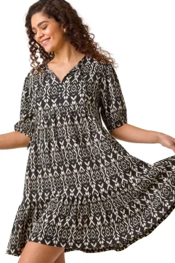 Dresses>Roman Black Aztec Tie Front Smock Dress