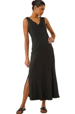 Dresses>Roman Black Bias Linen Mix Midi Dress