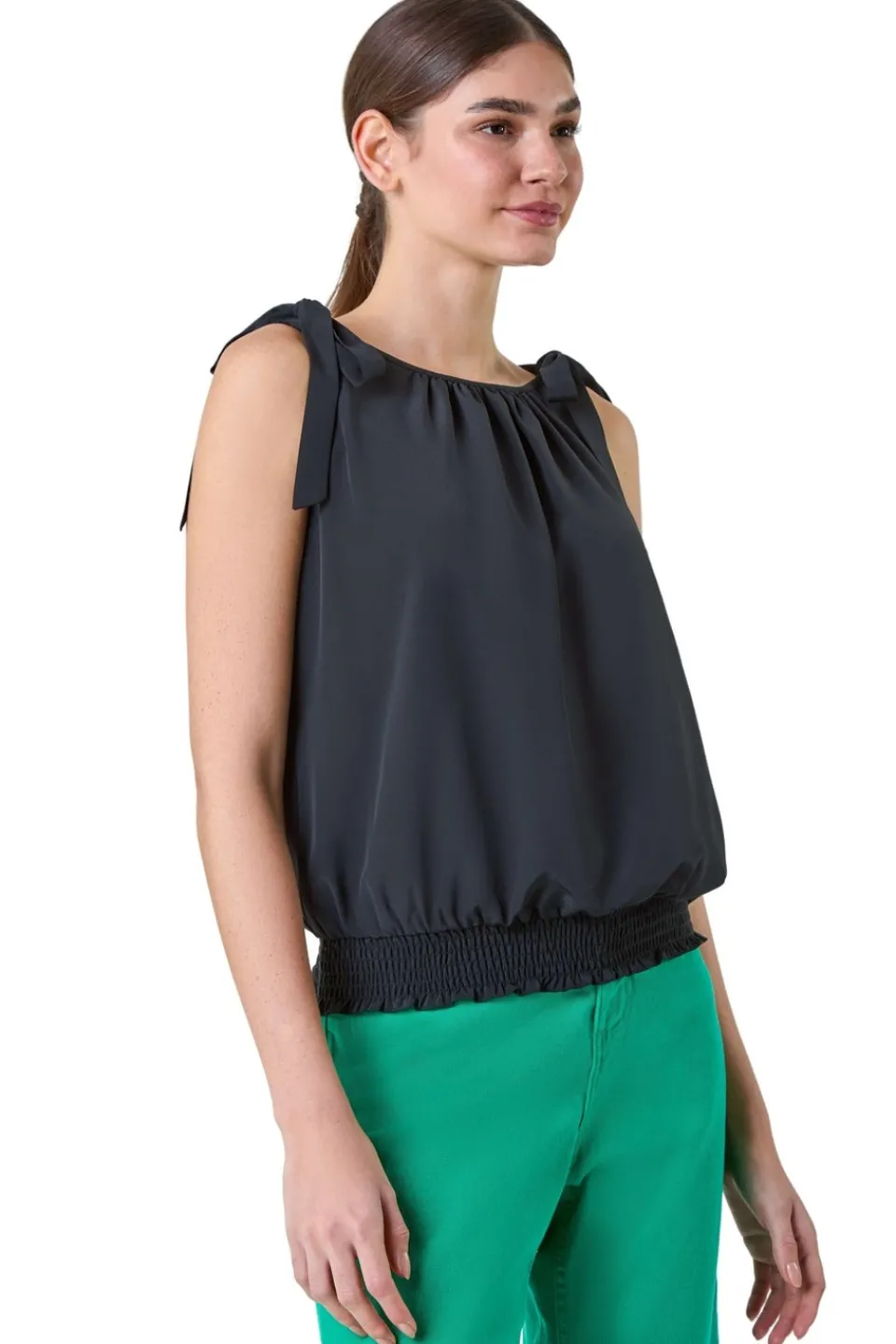 Tops>Roman Black Bow Detail Shirred Hem Top