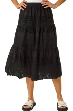 Skirts>Roman Black Broderie Cotton A Line Midi Skirt