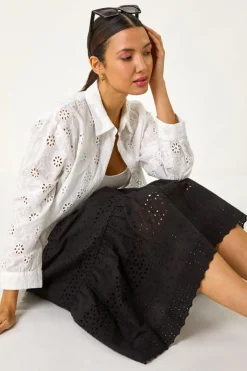 Skirts>Roman Black Broderie Cotton A Line Midi Skirt