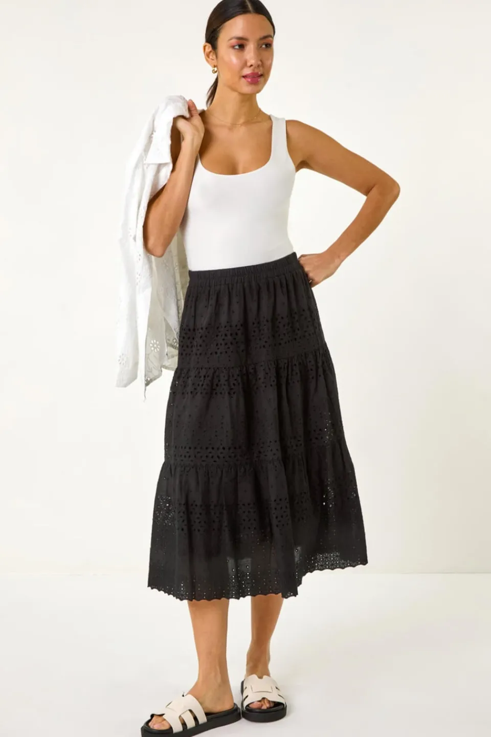 Skirts>Roman Black Broderie Cotton A Line Midi Skirt