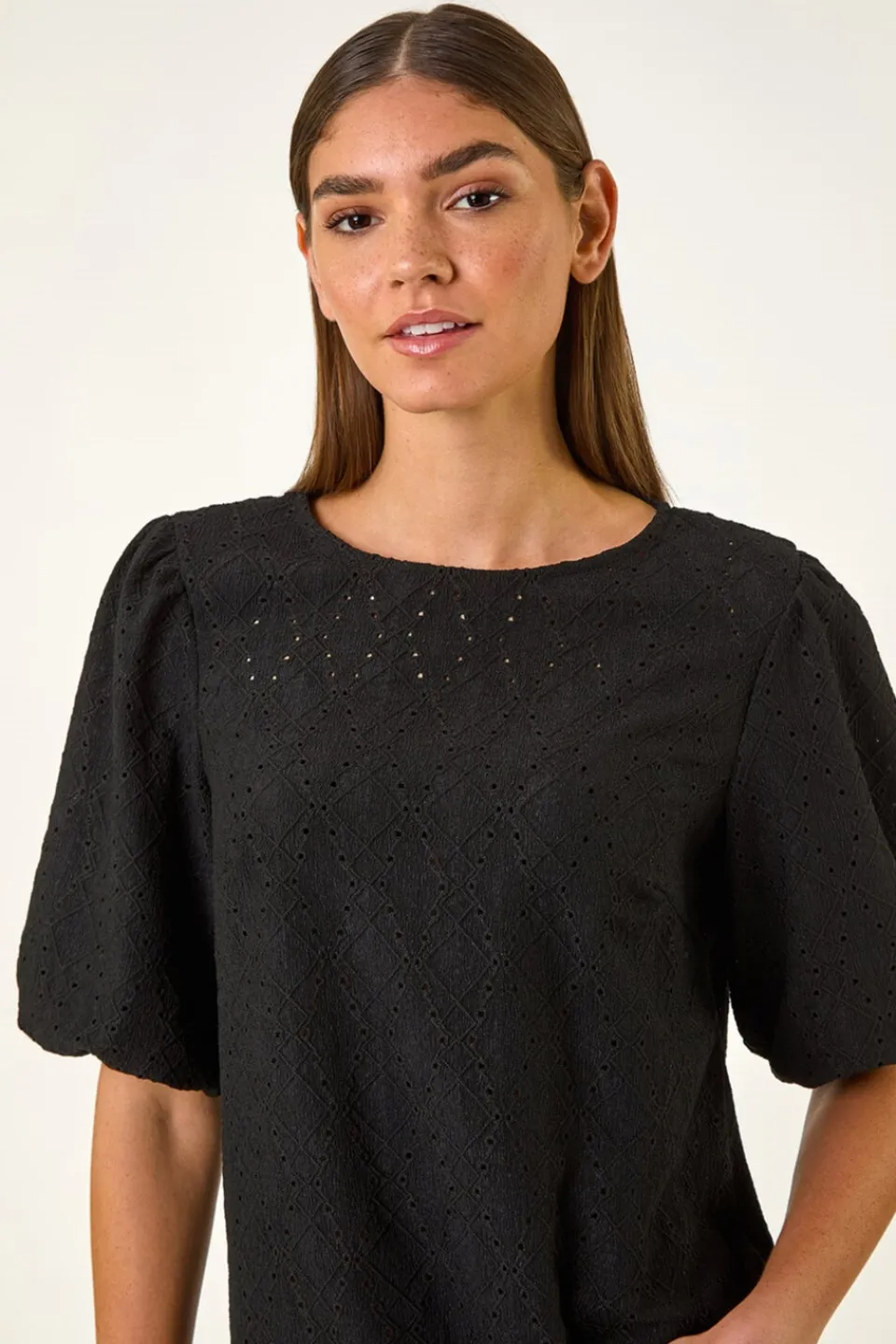 Tops>Roman Black Broderie Puff Sleeve Top