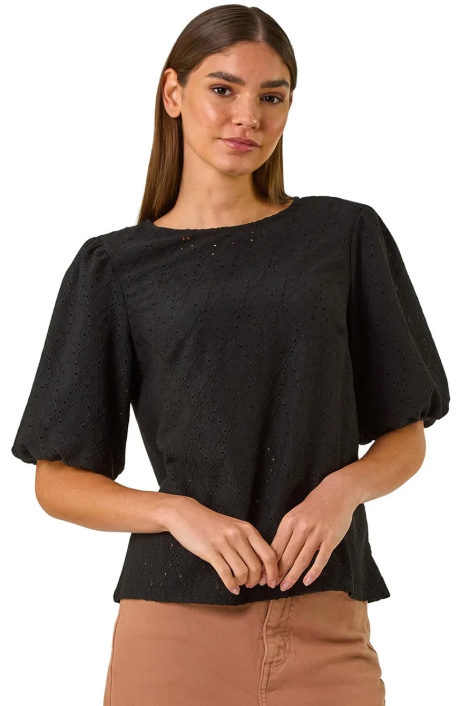Tops>Roman Black Broderie Puff Sleeve Top