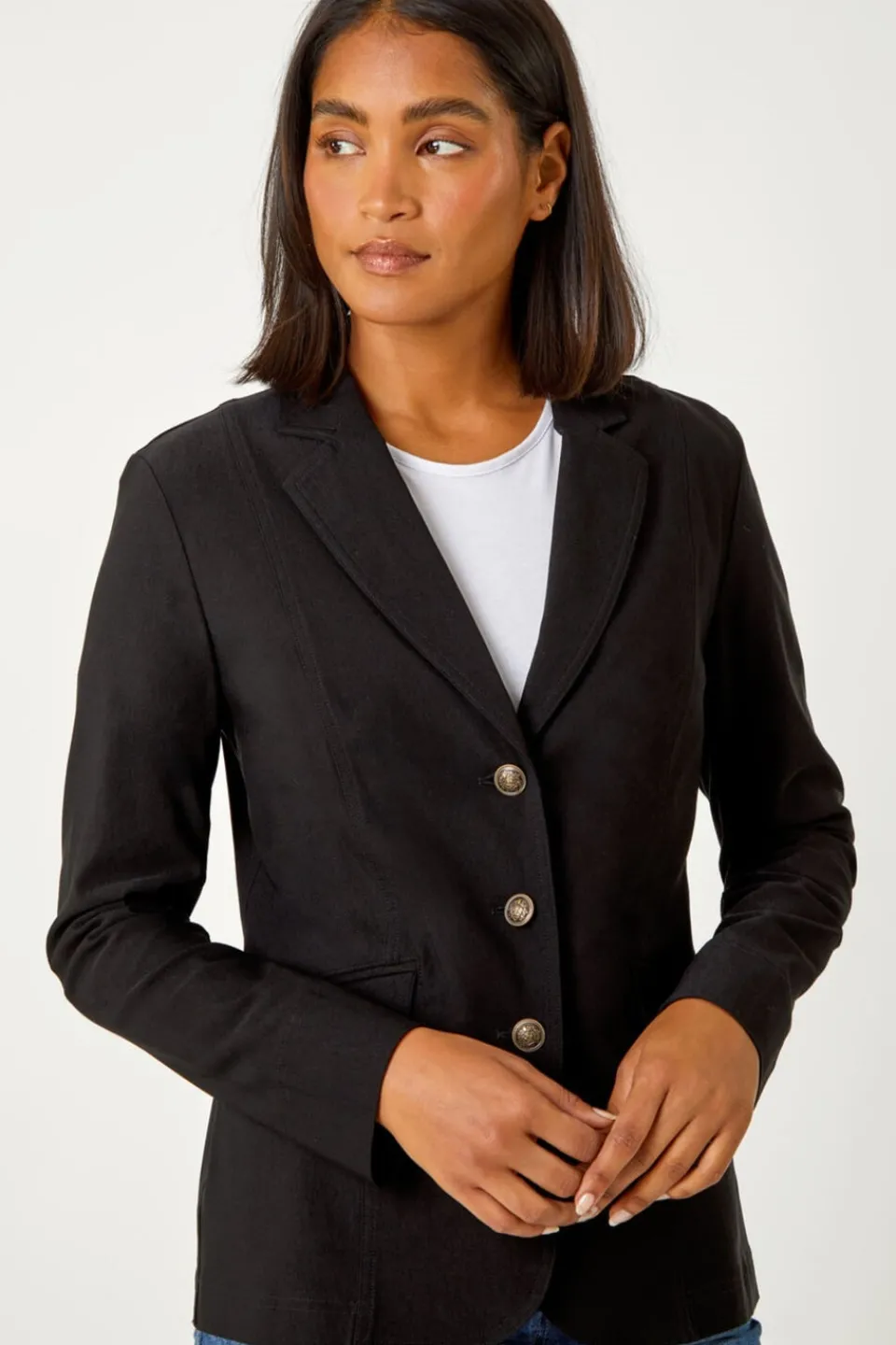 Coats & Jackets>Roman Button Detail Stretch Blazer Black