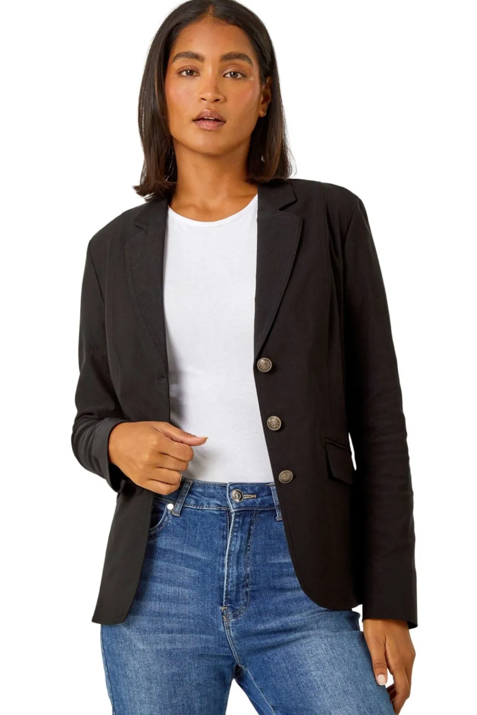 Coats & Jackets>Roman Button Detail Stretch Blazer Black