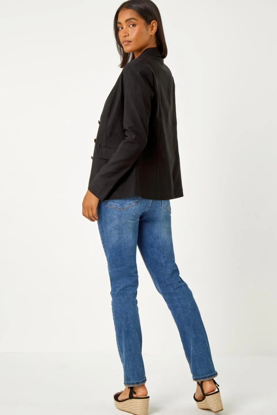 Coats & Jackets>Roman Button Detail Stretch Blazer Black