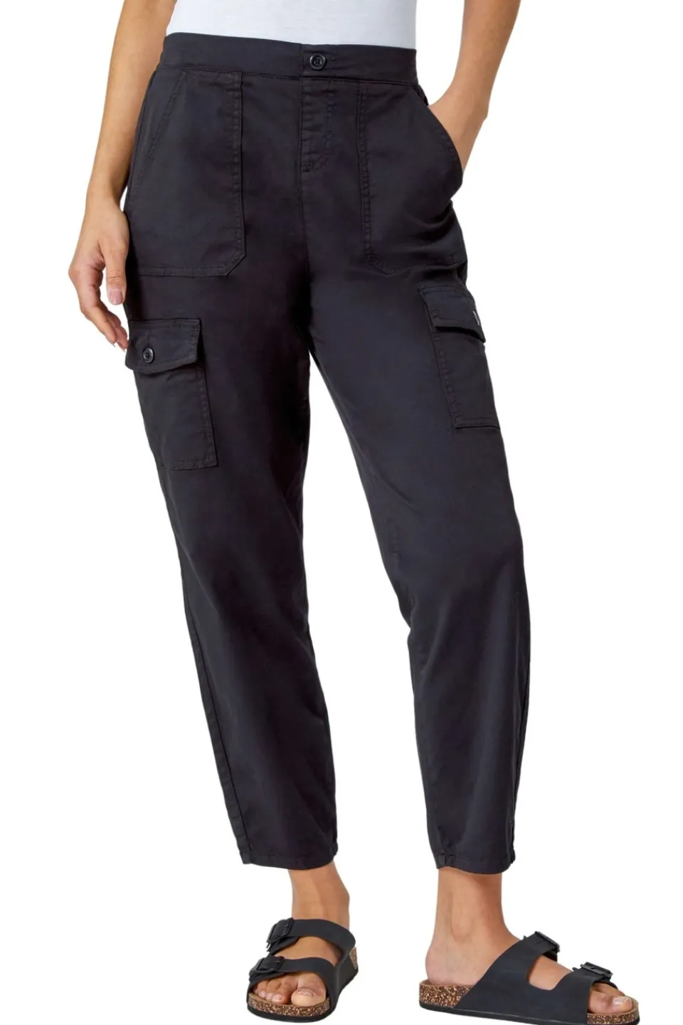 Trousers>Roman Black Casual Elastic Waist Cargo Stretch Trousers BlackBlack