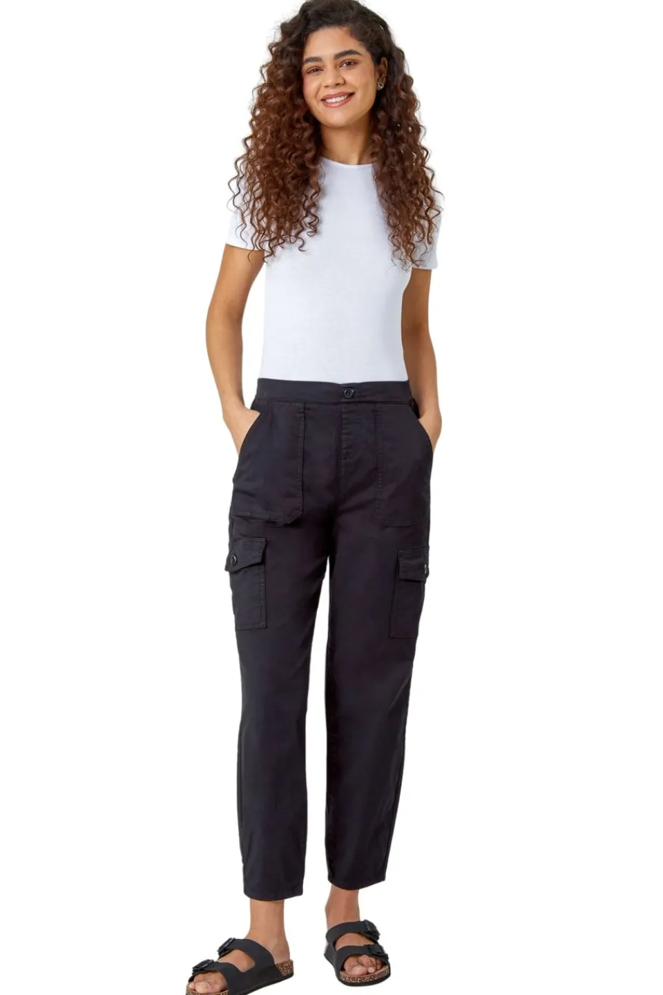 Trousers>Roman Black Casual Elastic Waist Cargo Stretch Trousers BlackBlack