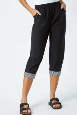 Trousers>Roman Black Contrast Detail Cropped Stretch Trousers