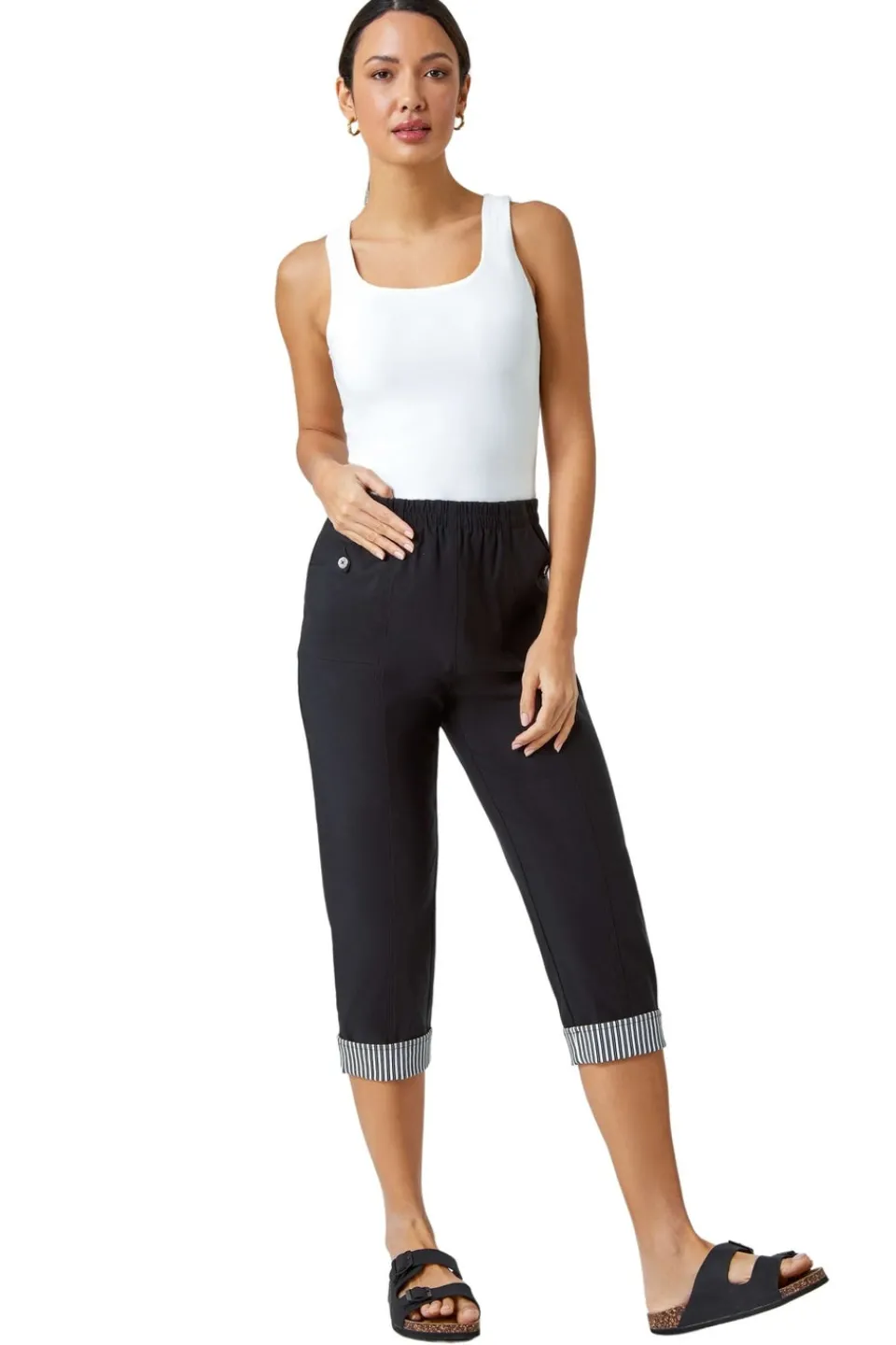 Trousers>Roman Black Contrast Detail Cropped Stretch Trousers