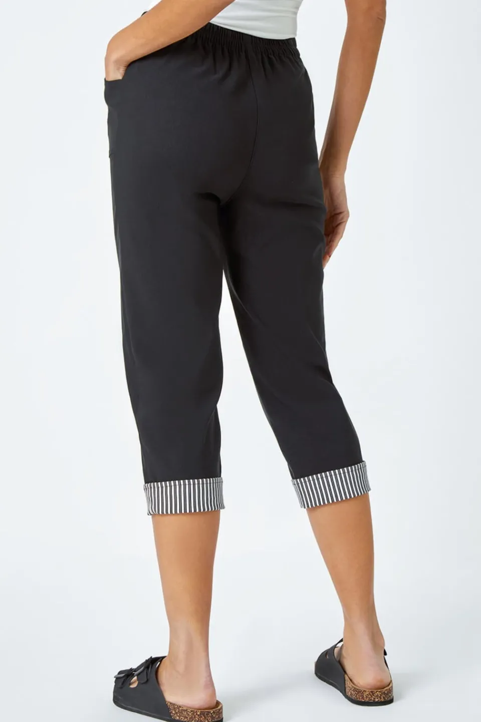 Trousers>Roman Black Contrast Detail Cropped Stretch Trousers