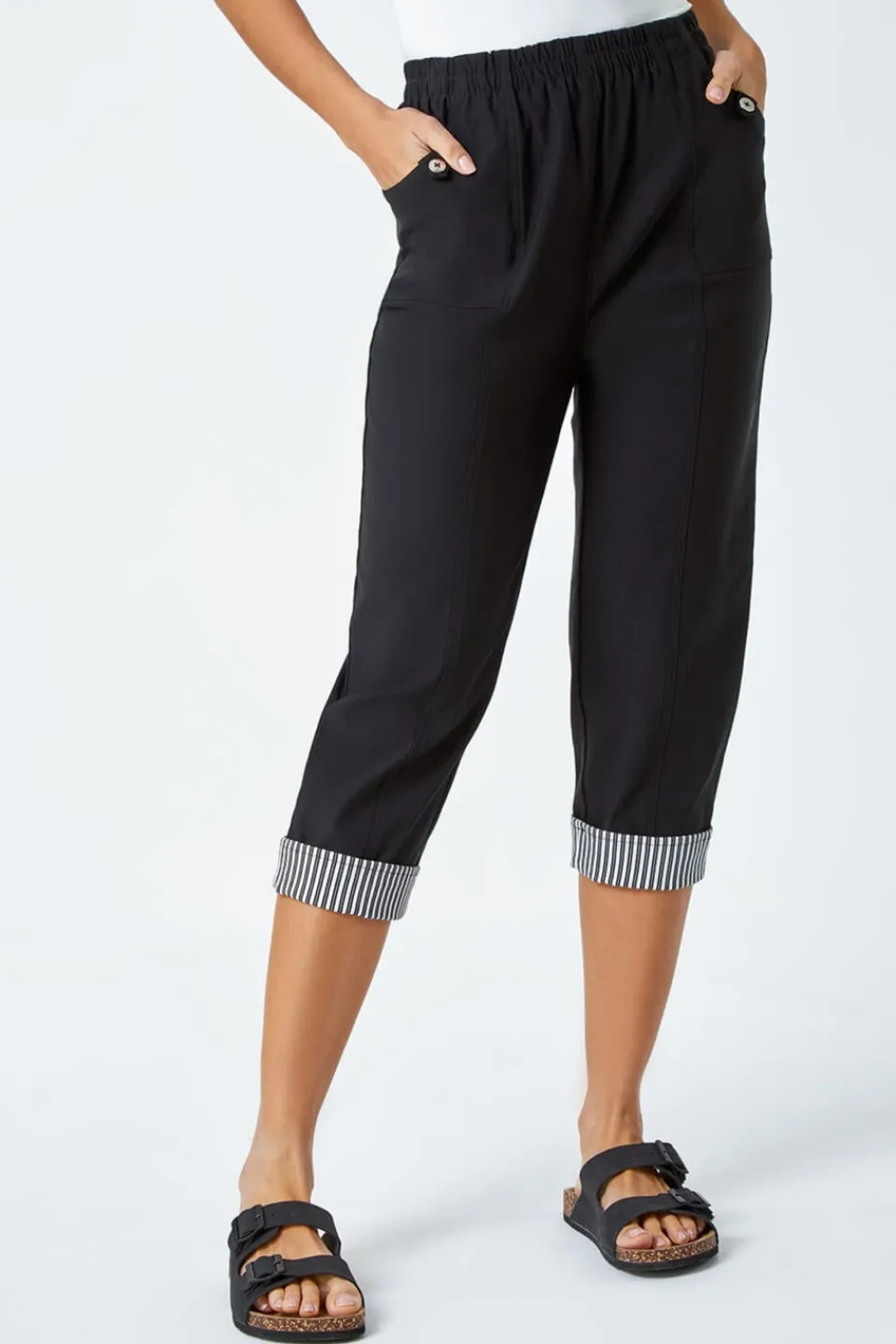 Trousers>Roman Black Contrast Detail Cropped Stretch Trousers
