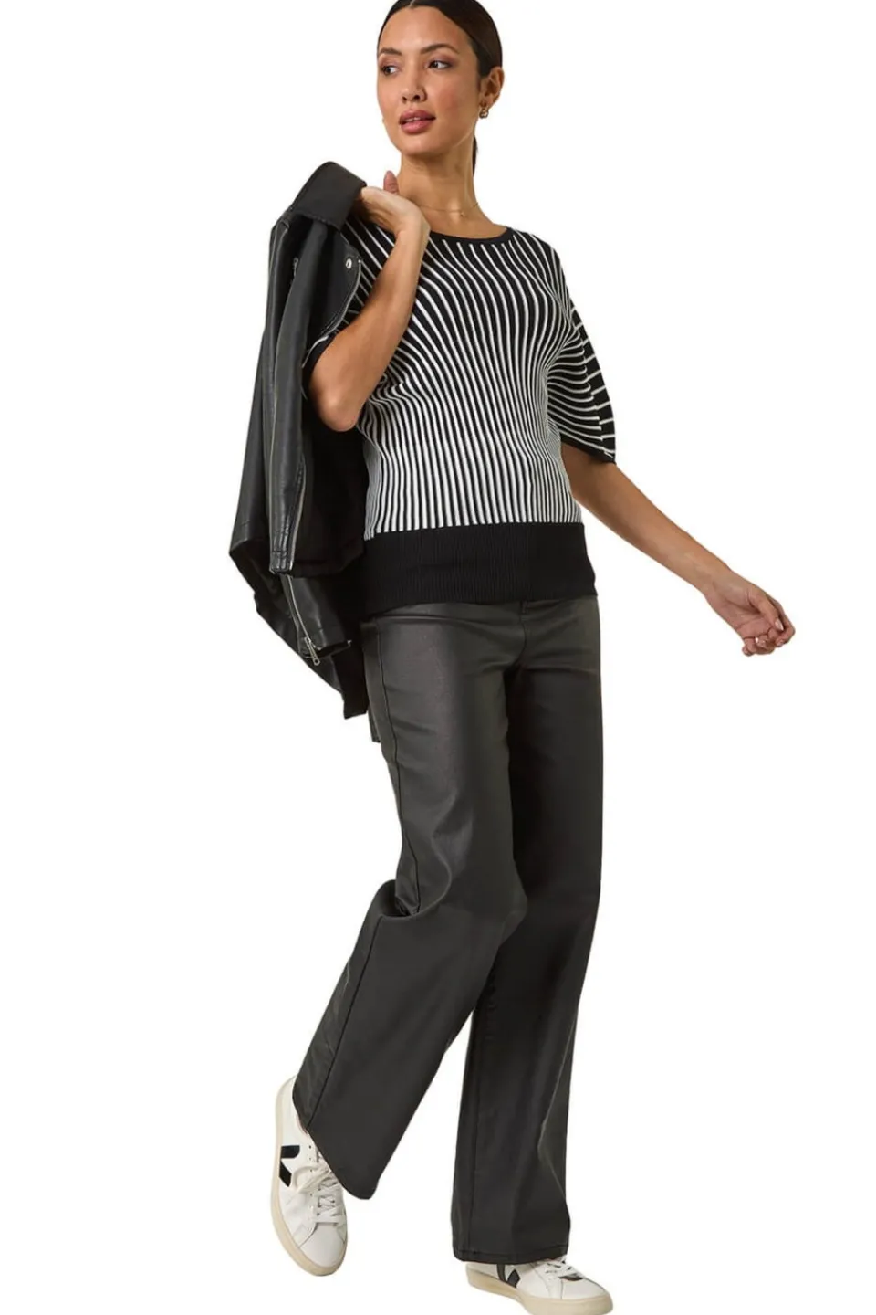 Tops>Roman Black Contrast Stripe Ribbed Knit Jumper