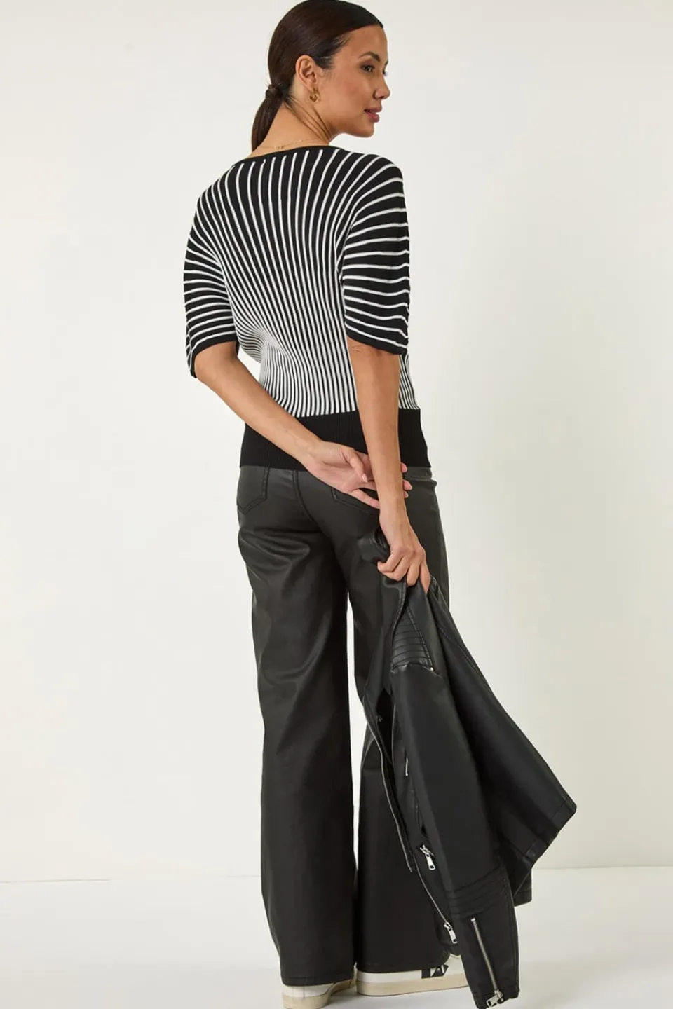 Tops>Roman Black Contrast Stripe Ribbed Knit Jumper