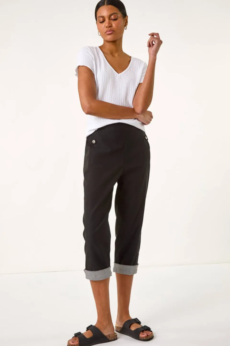 Trousers>Roman Black Contrast Stripe Cropped Stretch Trouser