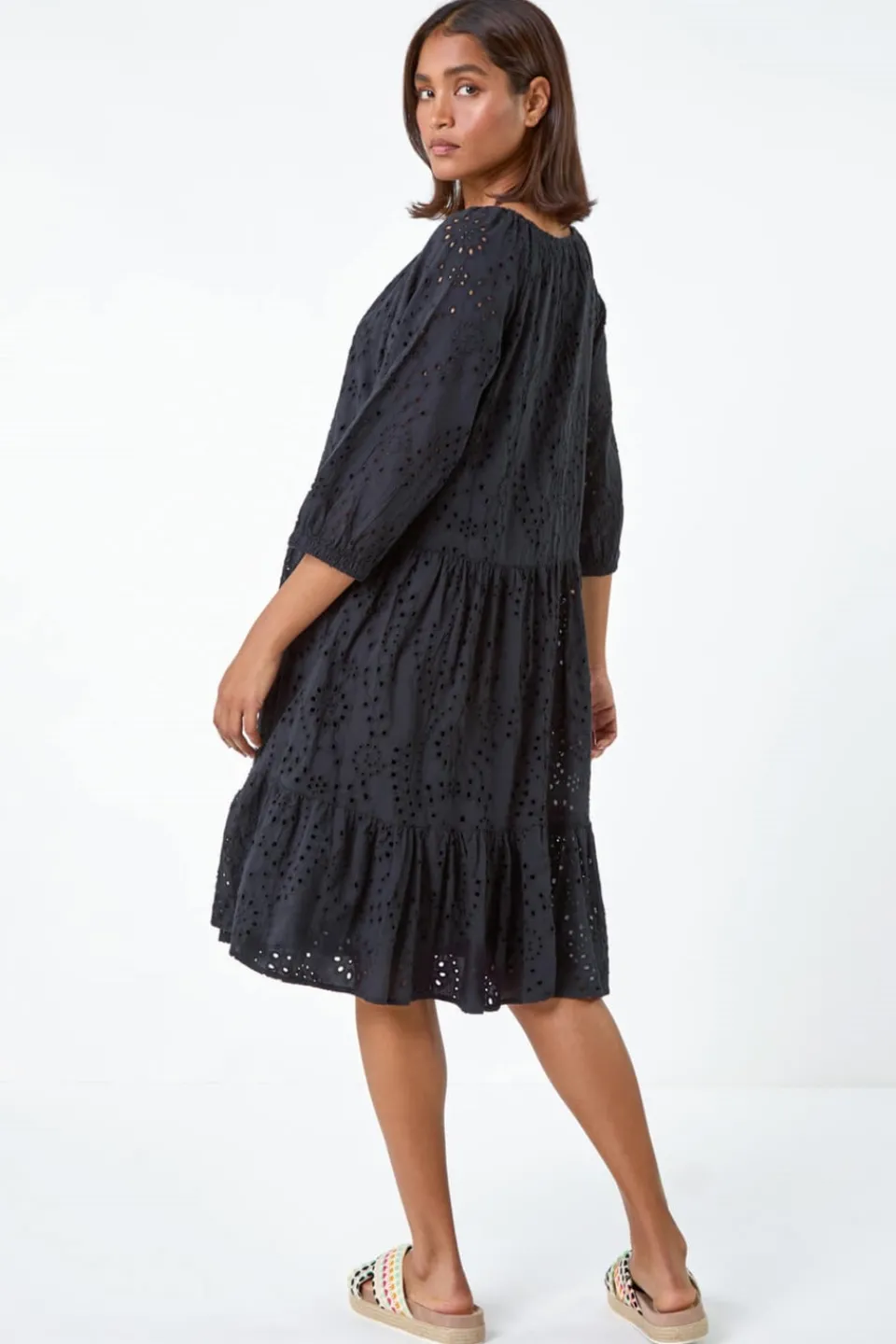 Dresses>Roman Cotton Broderie Tiered Smock Dress Black