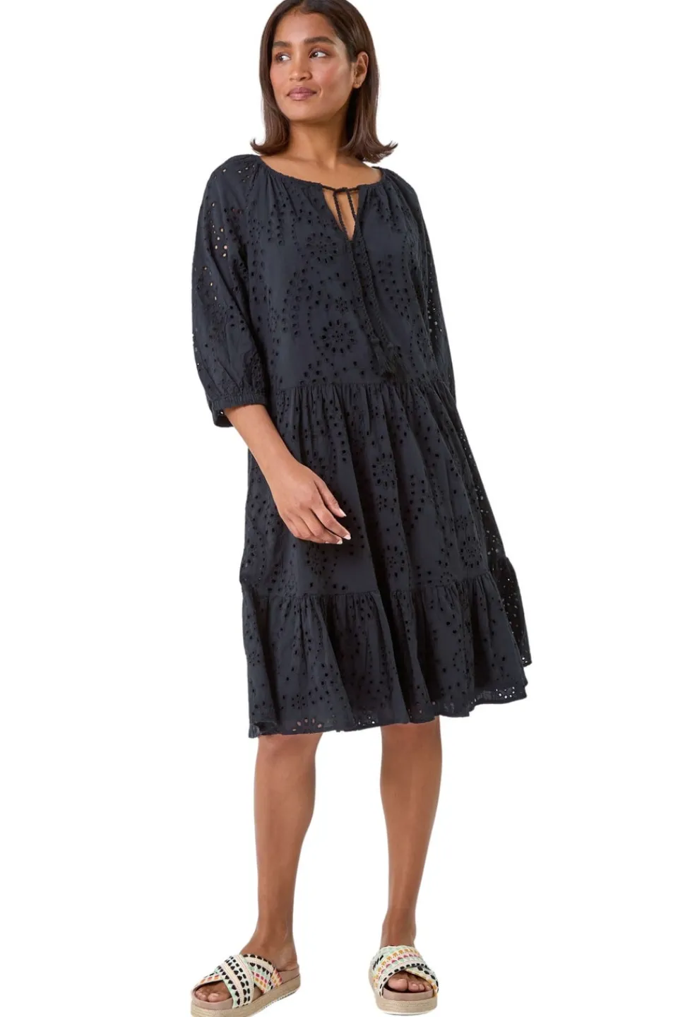Dresses>Roman Cotton Broderie Tiered Smock Dress Black