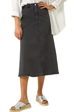 Skirts>Roman Black Cotton Denim Panelled Midi Skirt