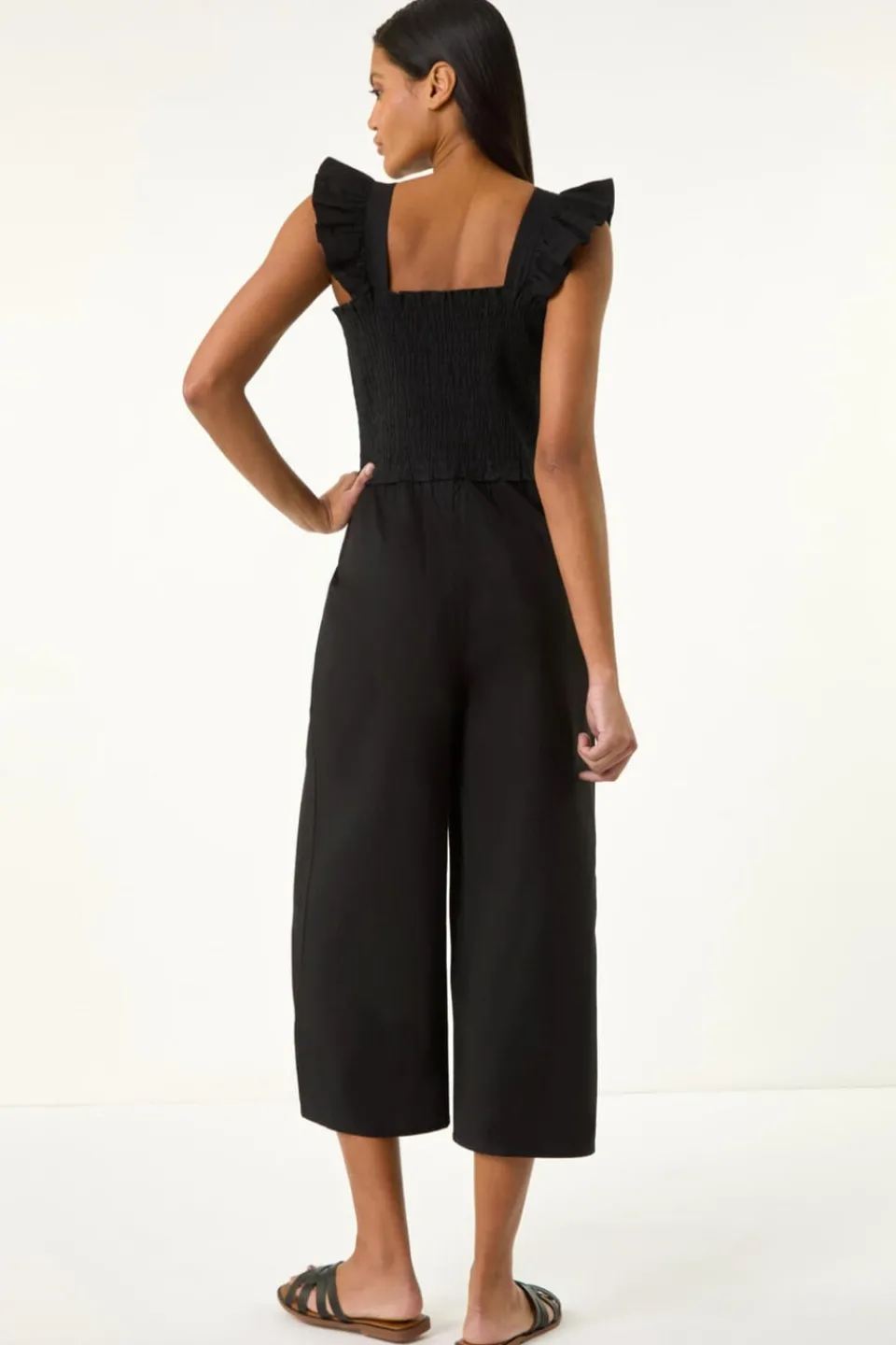Jumpsuits & Playsuits>Roman Black Cotton Linen Blend Frill Jumpsuit
