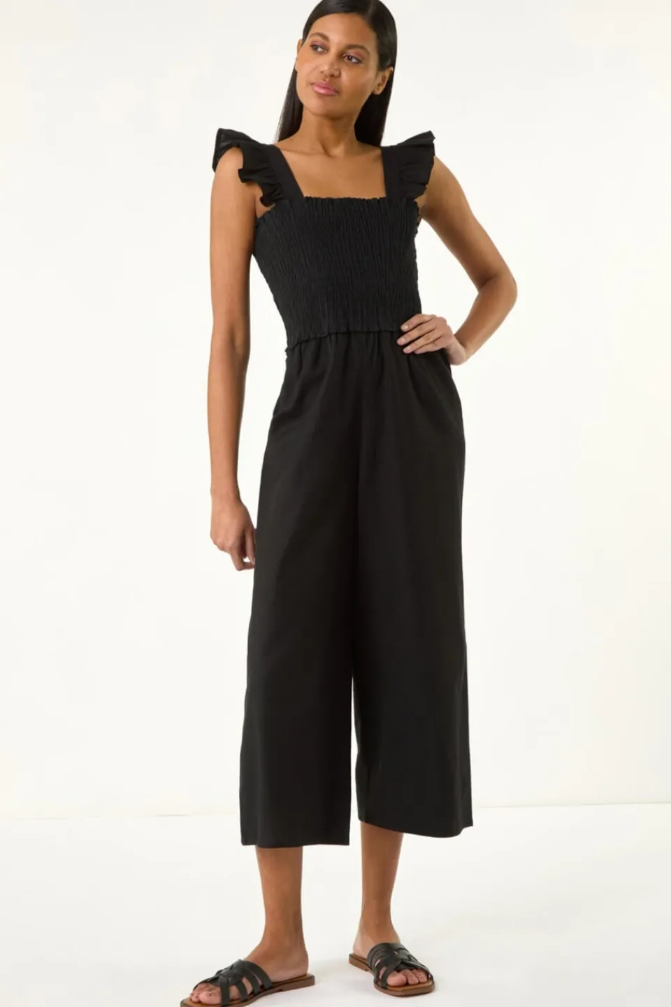Jumpsuits & Playsuits>Roman Black Cotton Linen Blend Frill Jumpsuit