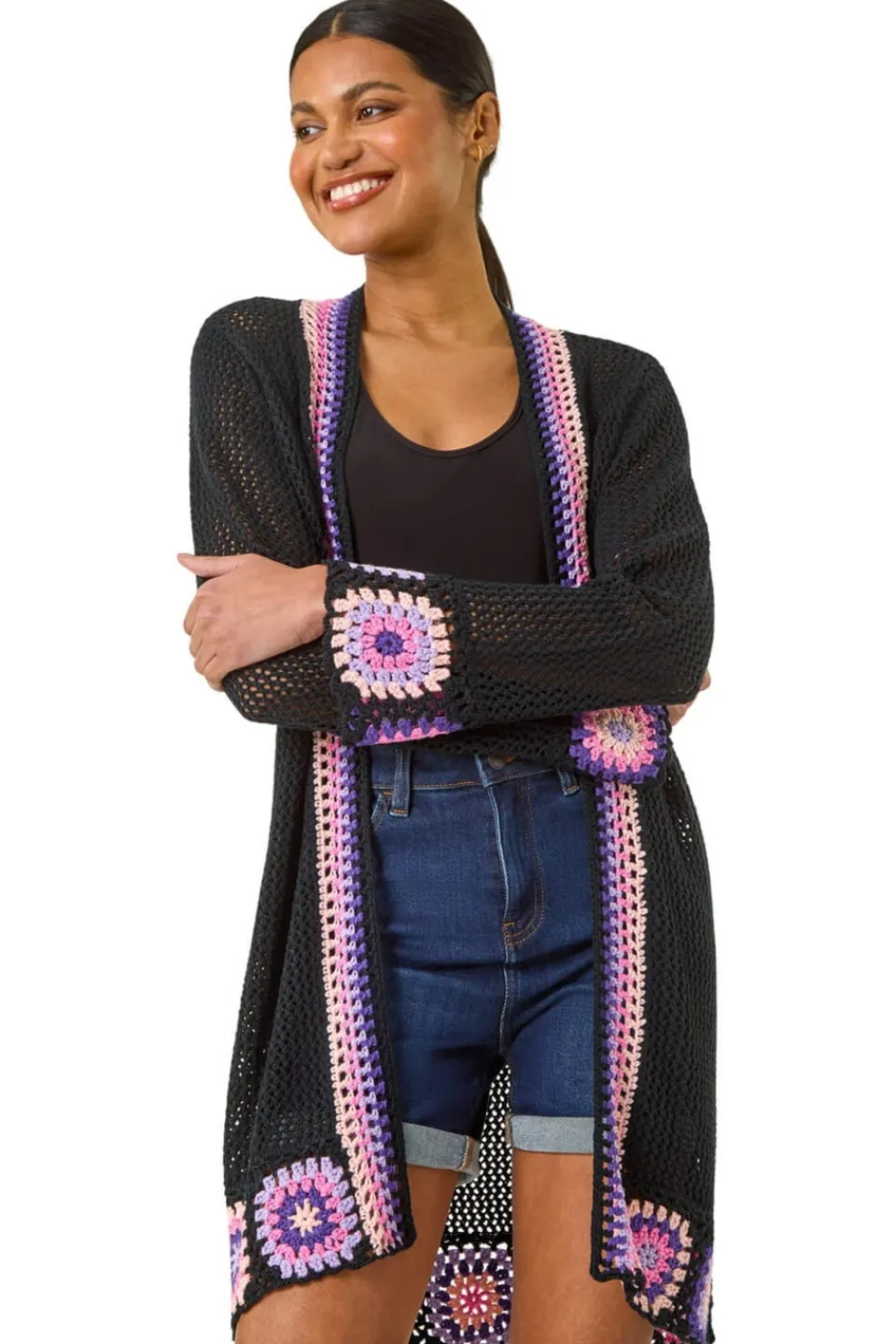 Knitwear>Roman Black Crochet Hem Lightweight Knit Cardigan