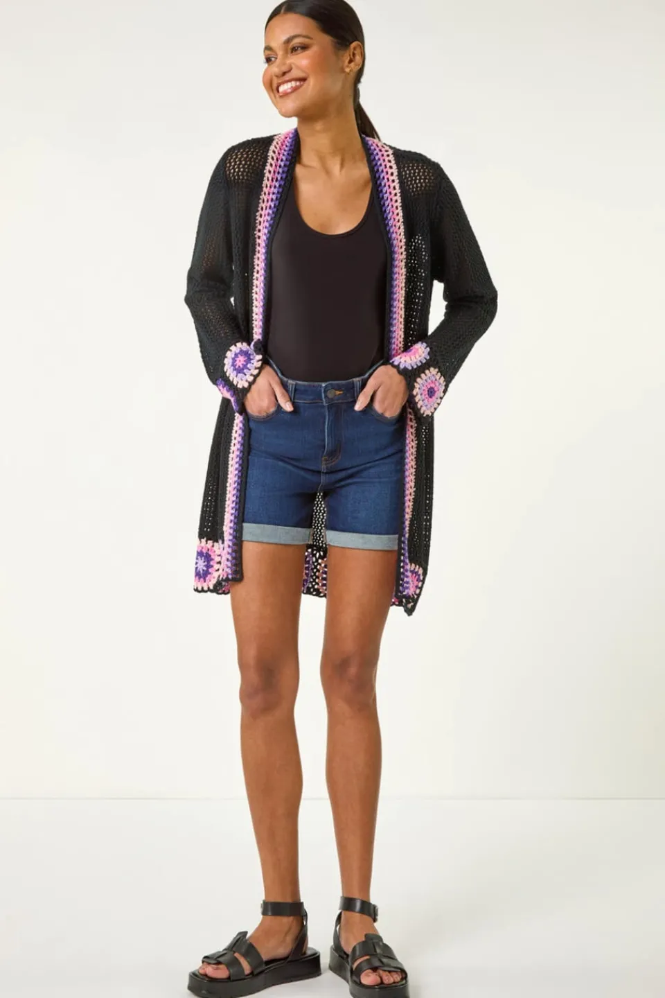 Knitwear>Roman Black Crochet Hem Lightweight Knit Cardigan
