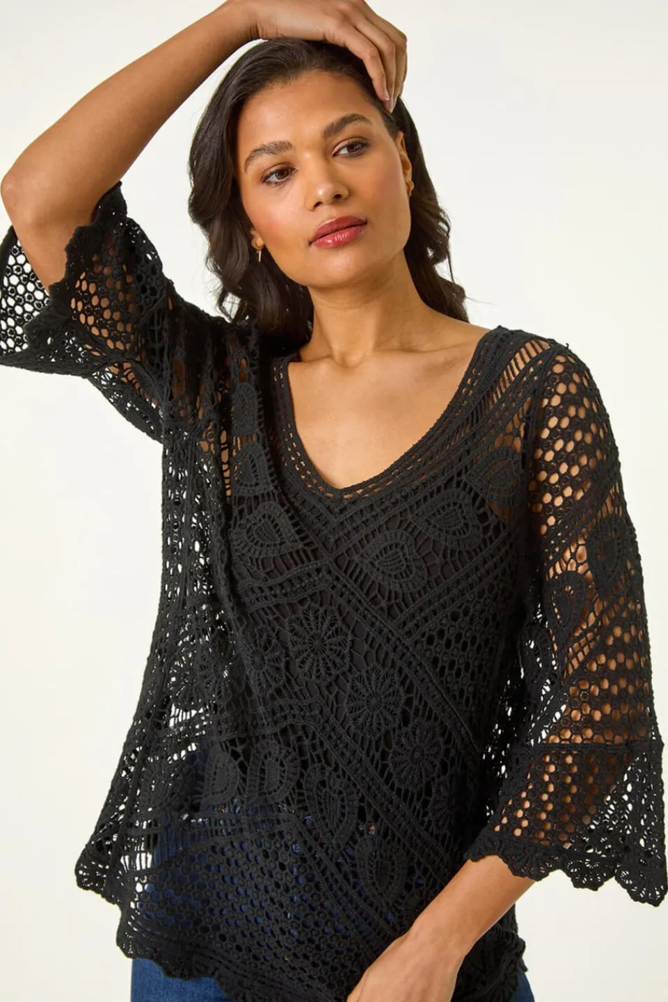 Knitwear>Roman Black Crochet Lace V-Neck Open Knit