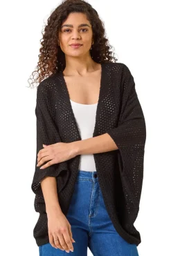 Tops>Roman Black Crochet Tunic Cardigan