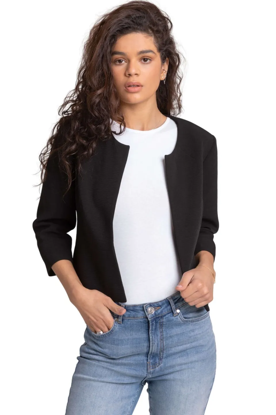 Coats & Jackets>Roman Cropped Bolero Tailored Jaquard Jacket Wedding Shrug Fitted Blazer Black