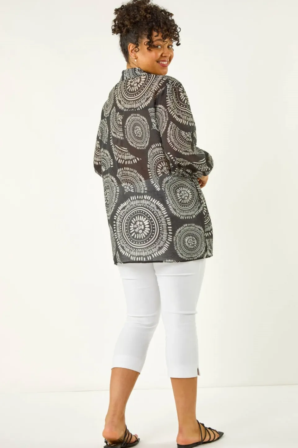 Tops>Roman Black Curve Abstract Print Woven Shirt