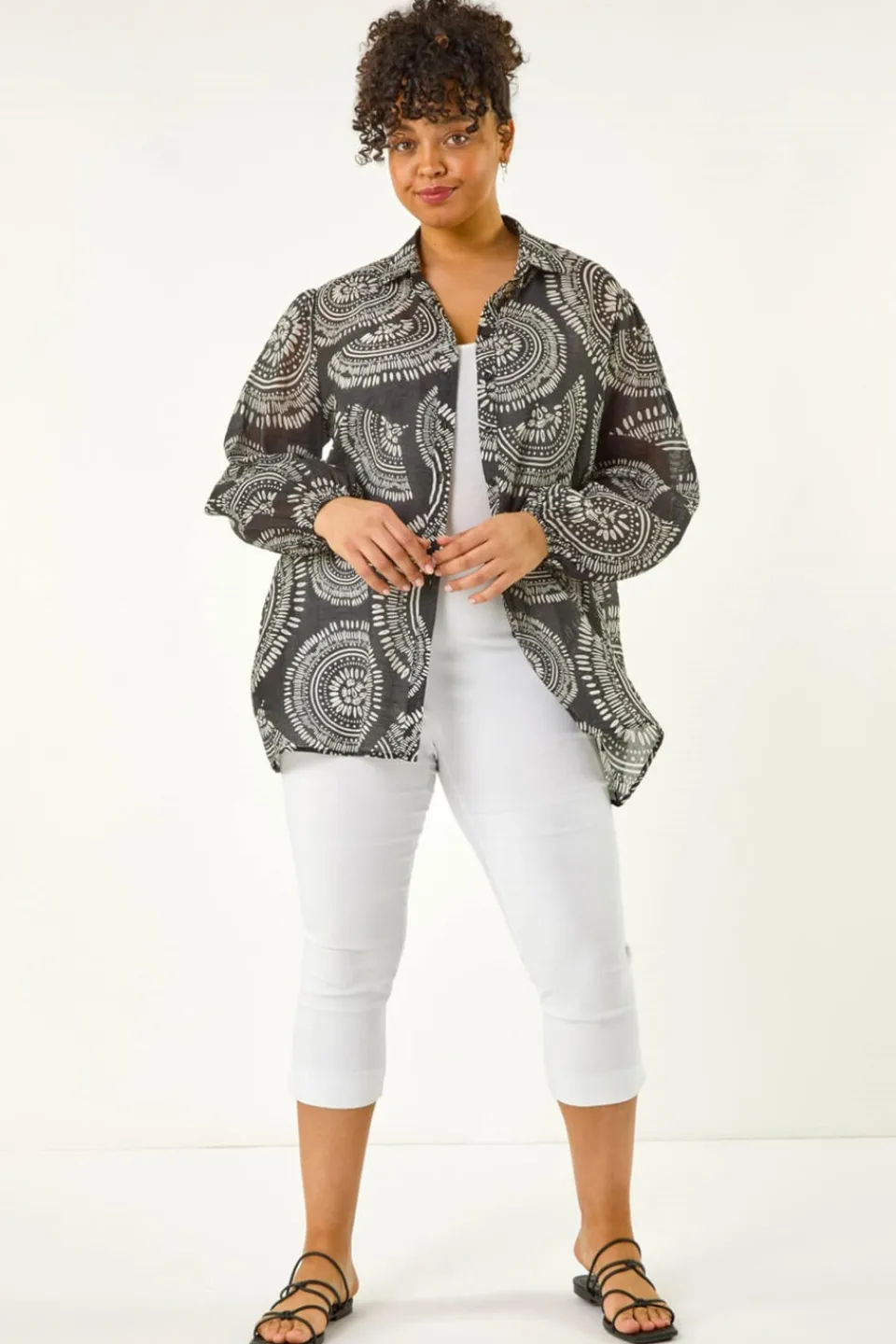 Tops>Roman Black Curve Abstract Print Woven Shirt