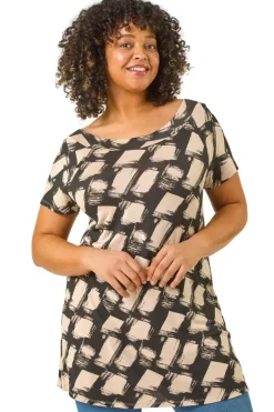 Tops>Roman Black Curve Bardot Geometric Stretch Top
