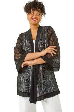 Tops>Roman Black Curve Crochet Knit Cardigan